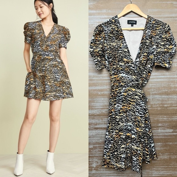 SALONI Dresses & Skirts - Saloni Ink Tiger Silk Wrap Dress Preppy Cocktail Event Wedding Womens 4